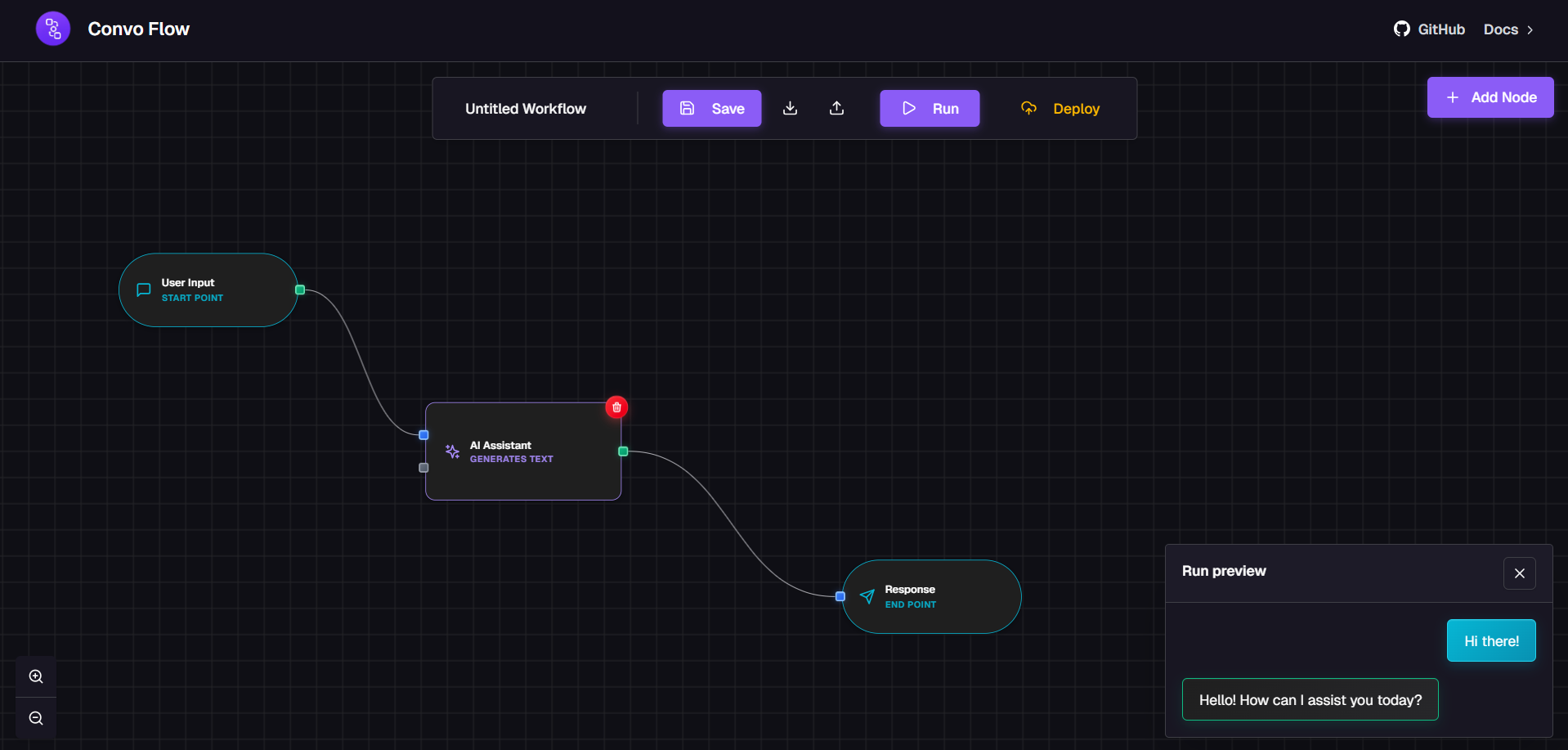 Basic chatbot flow running showing the workflow execution